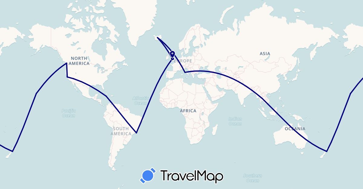 TravelMap itinerary: driving in Brazil, Canada, United Kingdom, Iceland, Italy, Jamaica, New Zealand, Thailand, United States (Asia, Europe, North America, Oceania, South America)